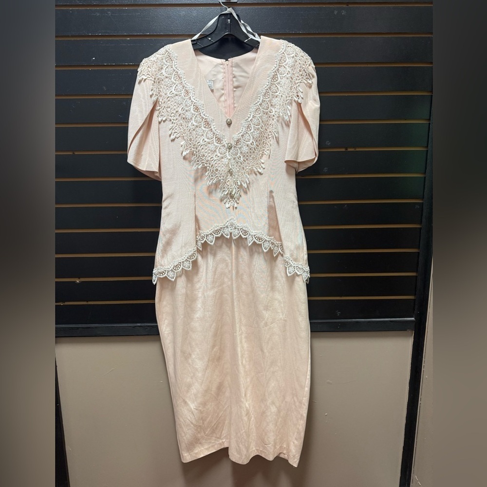 Vintage Scott McClintock Lace Midi Dress Pink Made in USA Size 14